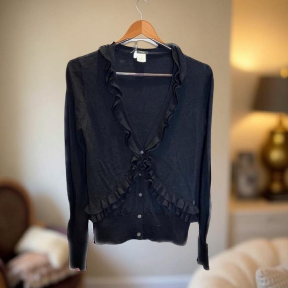 J. Crew Black wool with Ruffles from and back cardigan Size medium - Picture 3 of 11
